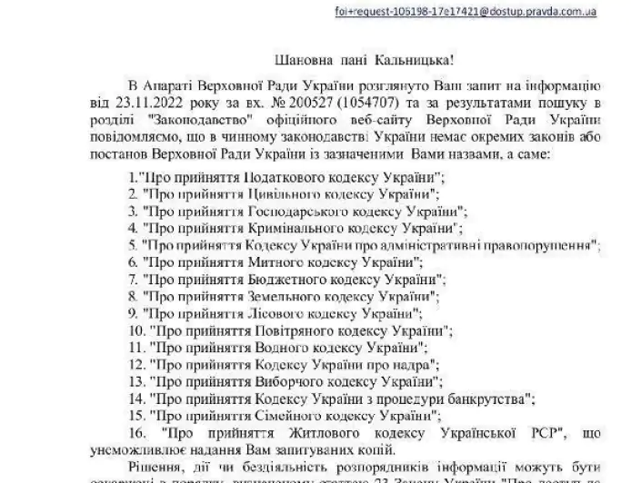 Жодного закону про прийняття наступних кодексів НЕ ІСНУЄ!!!